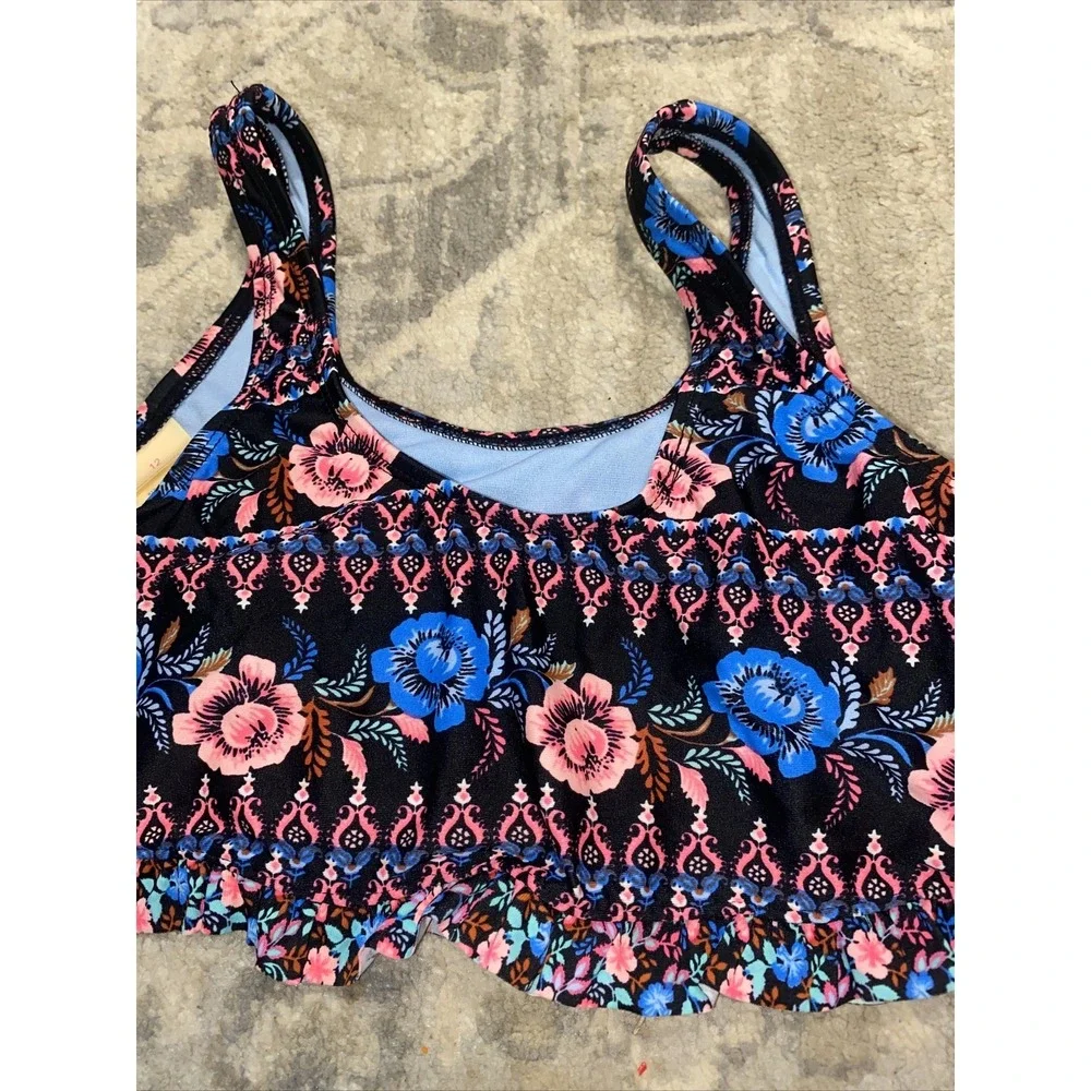 New GB GIRLS Swimsuit Bikini Top Black Pink Blue Floral Size‎ 12